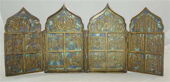 A 19th century Russian brass and champleve enamel four fold icon, open 15.75in.